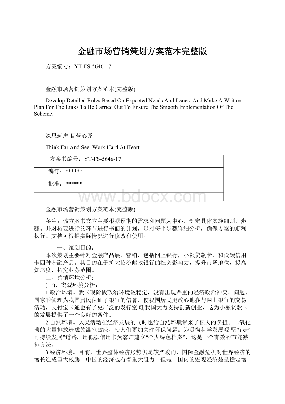 金融市场营销策划方案范本完整版文档格式.docx