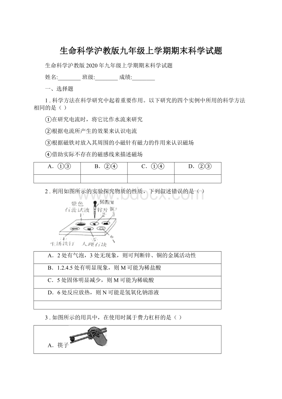 生命科学沪教版九年级上学期期末科学试题Word文档格式.docx_第1页