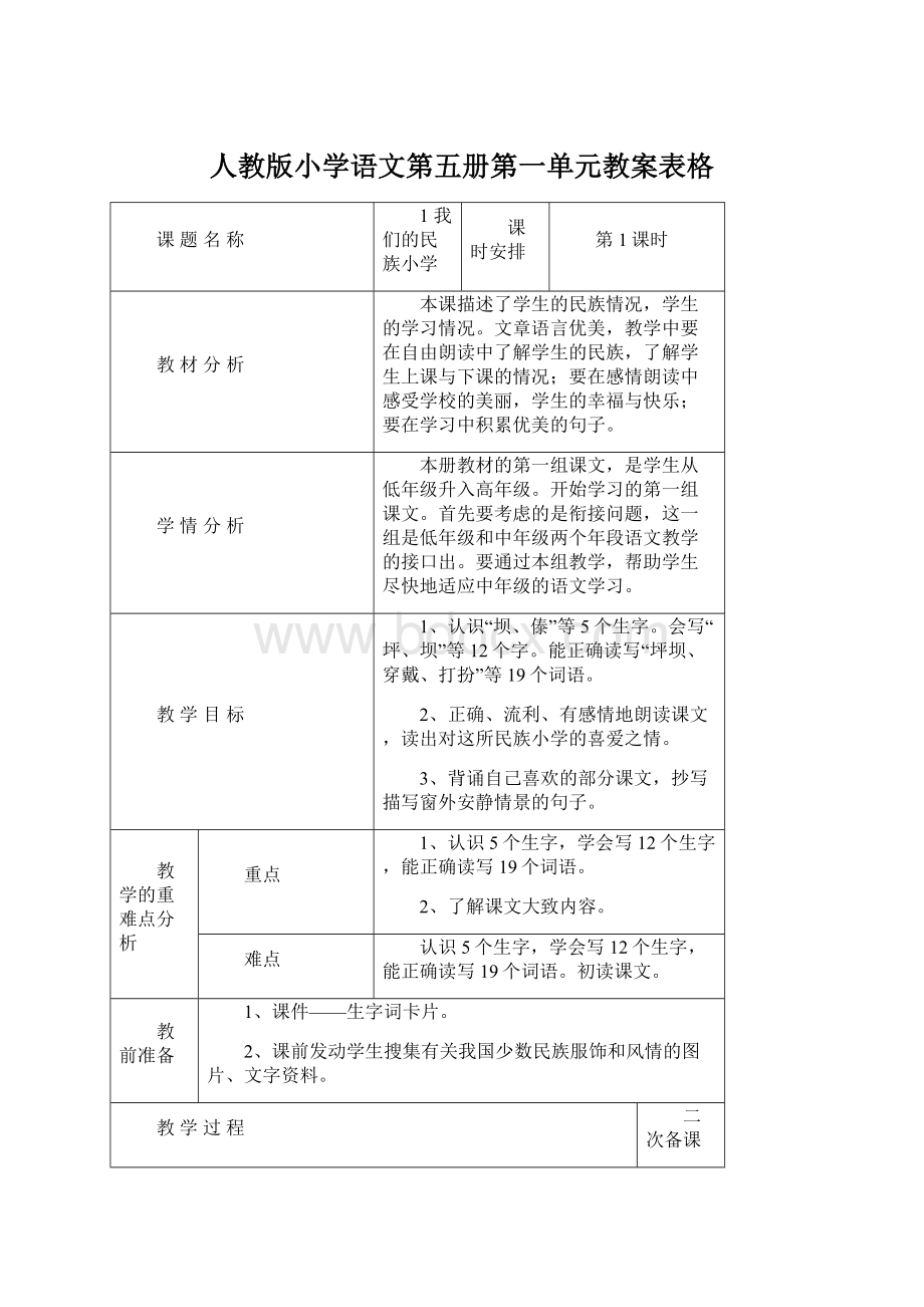 人教版小学语文第五册第一单元教案表格.docx_第1页