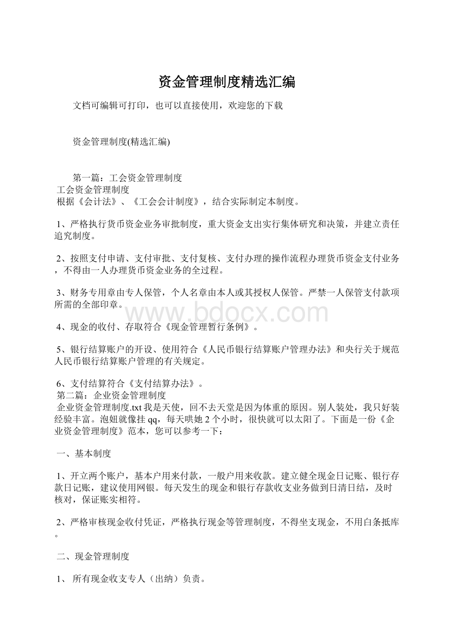 资金管理制度精选汇编Word文档格式.docx_第1页