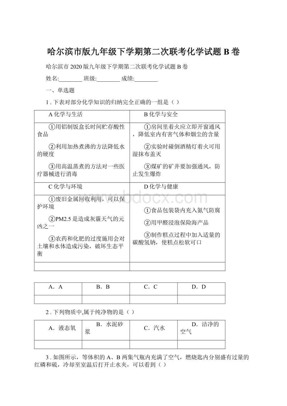 哈尔滨市版九年级下学期第二次联考化学试题B卷Word格式文档下载.docx