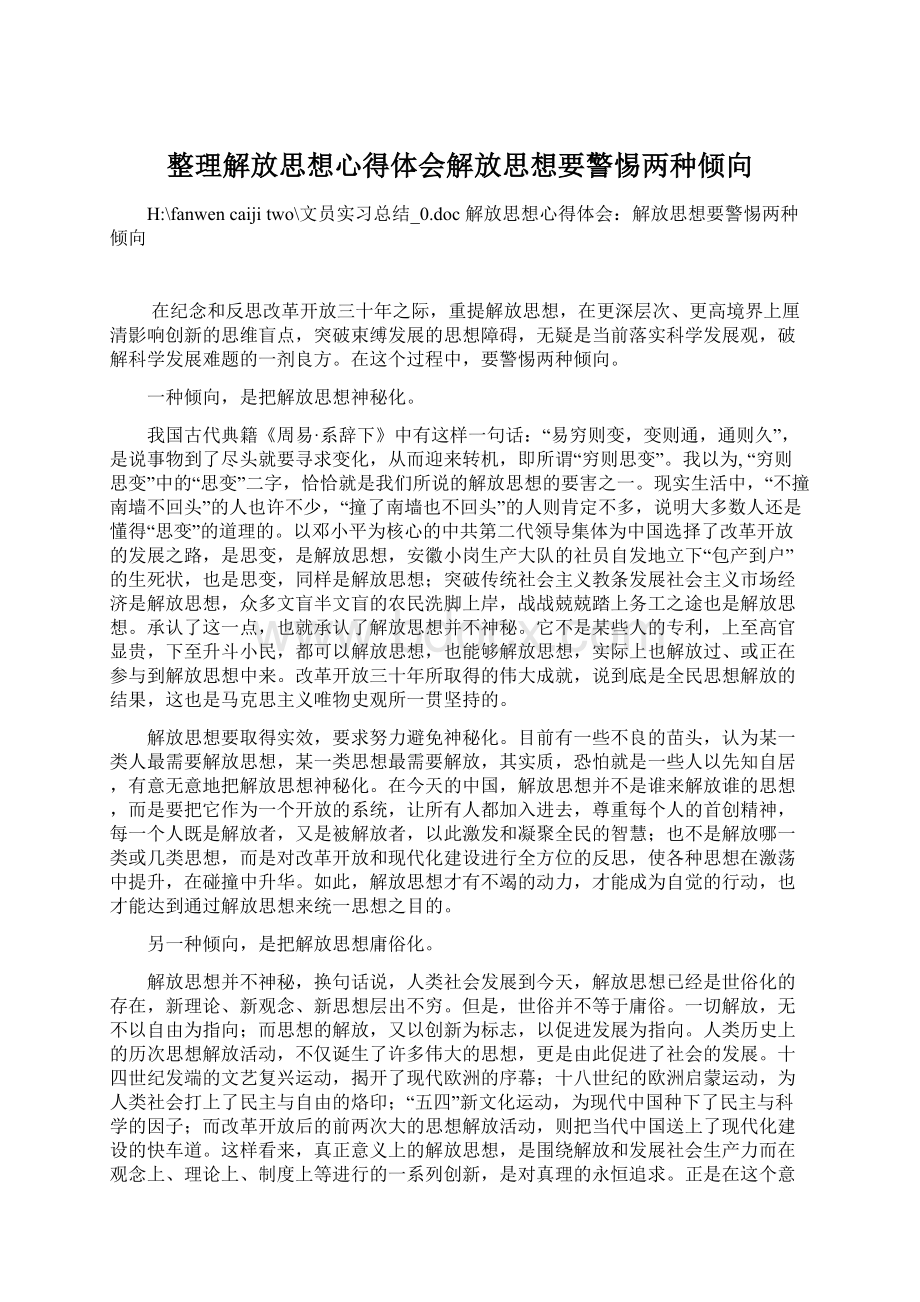 整理解放思想心得体会解放思想要警惕两种倾向文档格式.docx