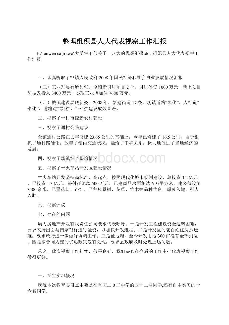 整理组织县人大代表视察工作汇报.docx