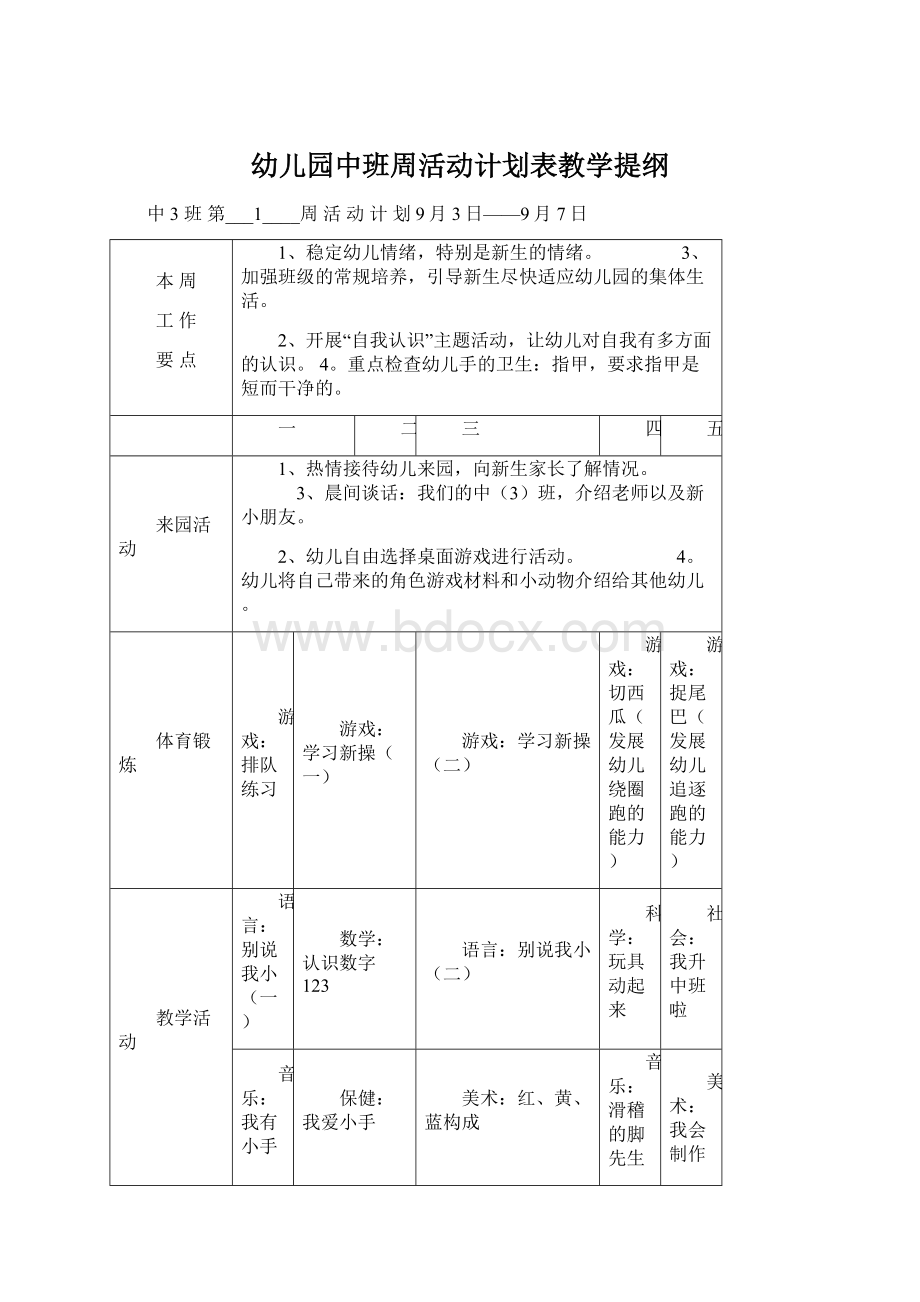 幼儿园中班周活动计划表教学提纲.docx