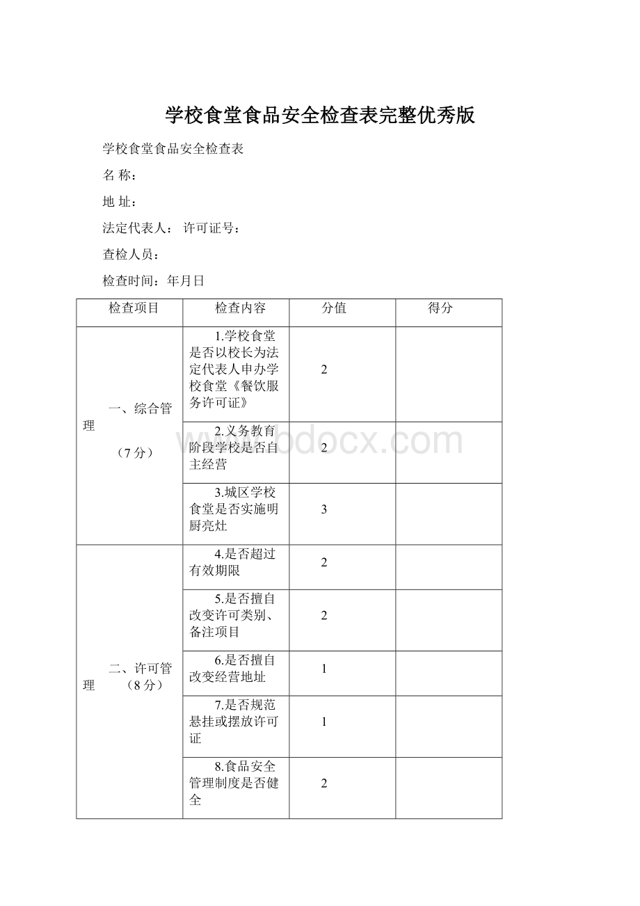 学校食堂食品安全检查表完整优秀版Word文件下载.docx_第1页