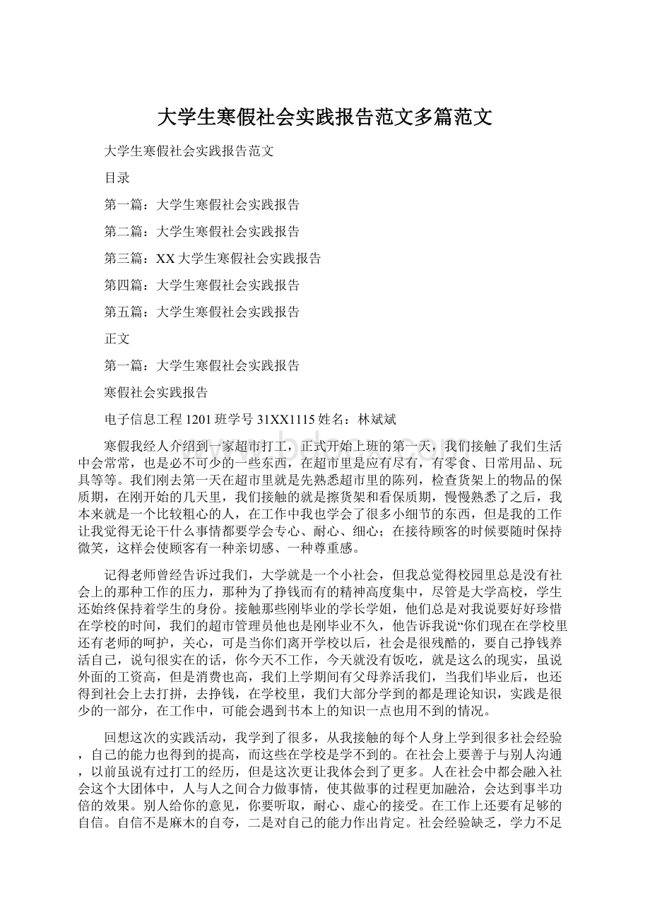 大学生寒假社会实践报告范文多篇范文Word下载.docx