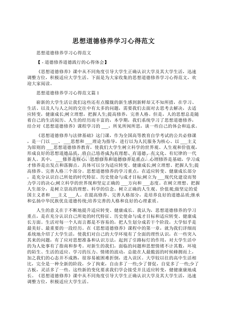 思想道德修养学习心得范文Word格式.docx