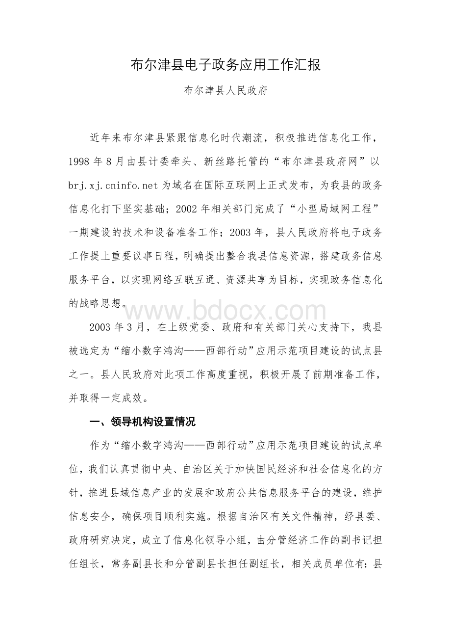 布尔津县电子政务应用工作汇报文档格式.doc_第1页