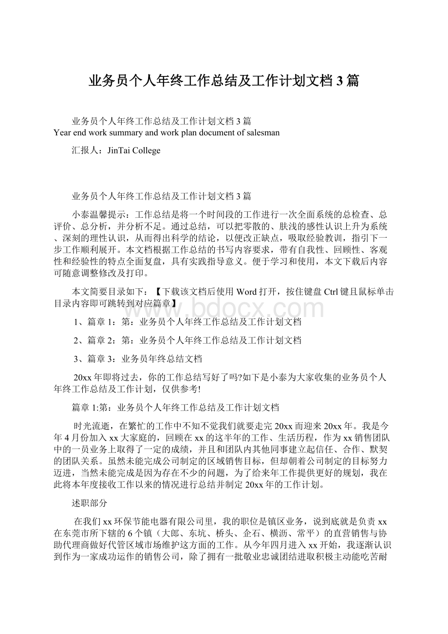 业务员个人年终工作总结及工作计划文档3篇.docx_第1页