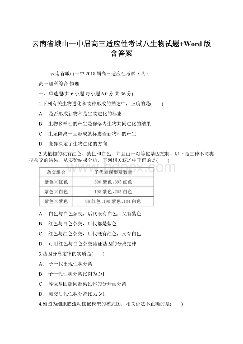 云南省峨山一中届高三适应性考试八生物试题+Word版含答案Word文档格式.docx