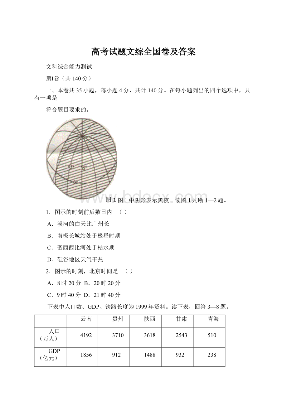 高考试题文综全国卷及答案.docx