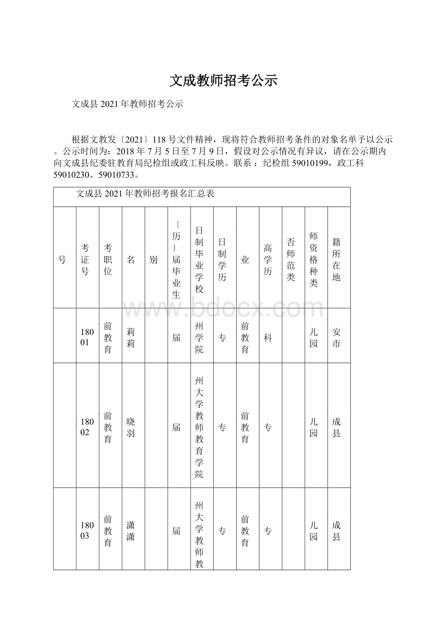 文成教师招考公示.docx