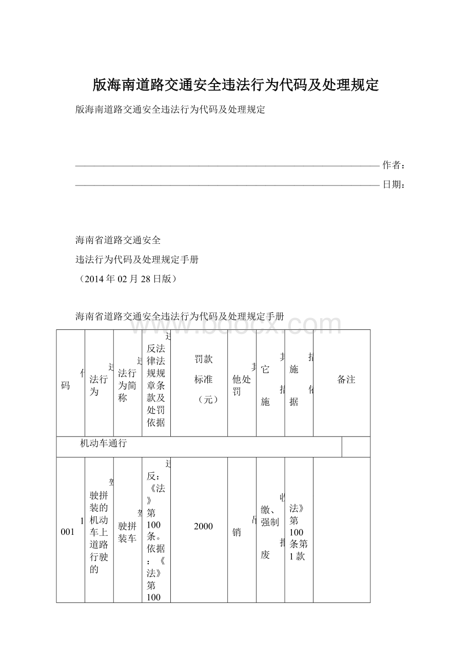 版海南道路交通安全违法行为代码及处理规定.docx