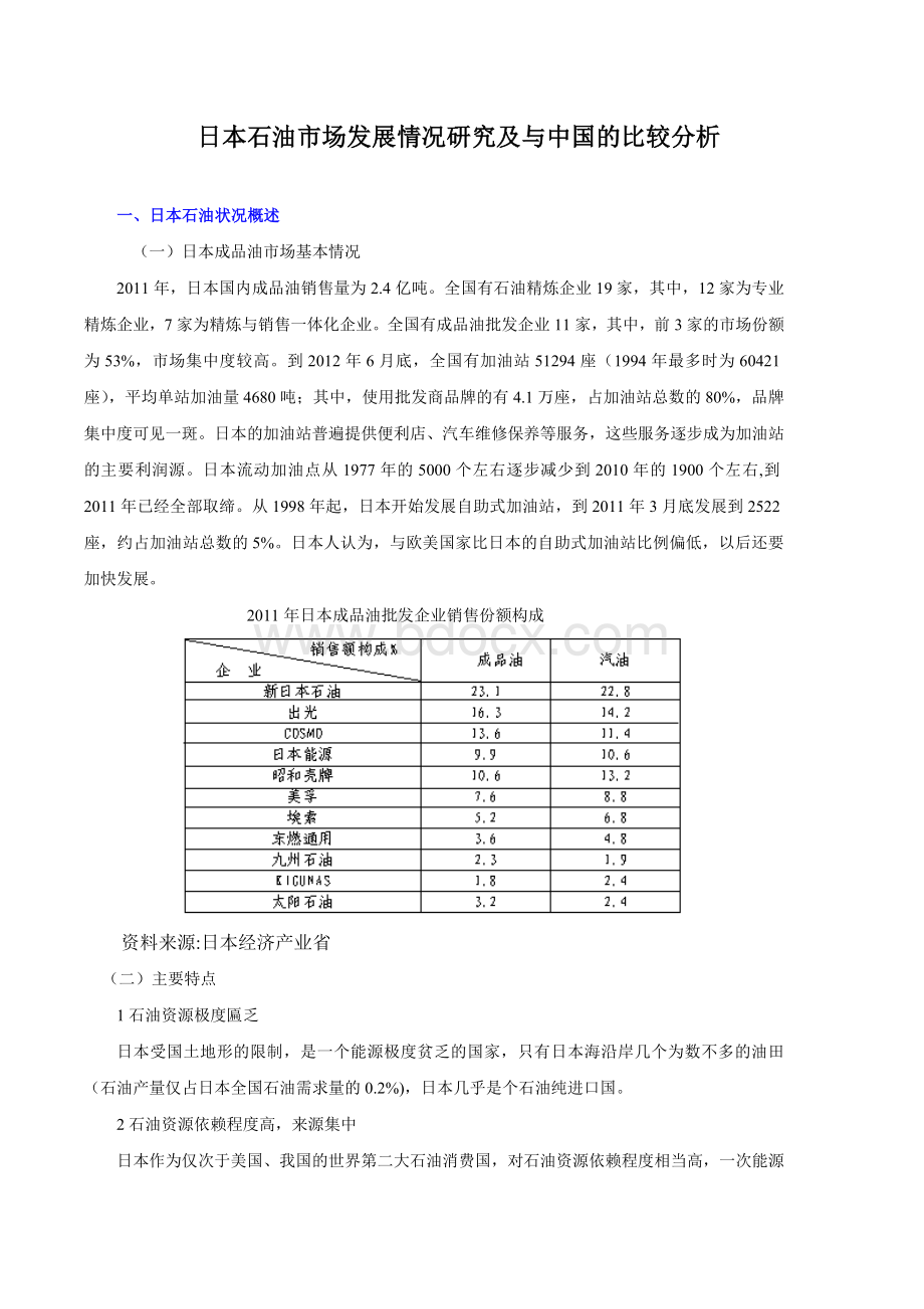 日本石油市场发展情况研究及与中国的比较分析.doc