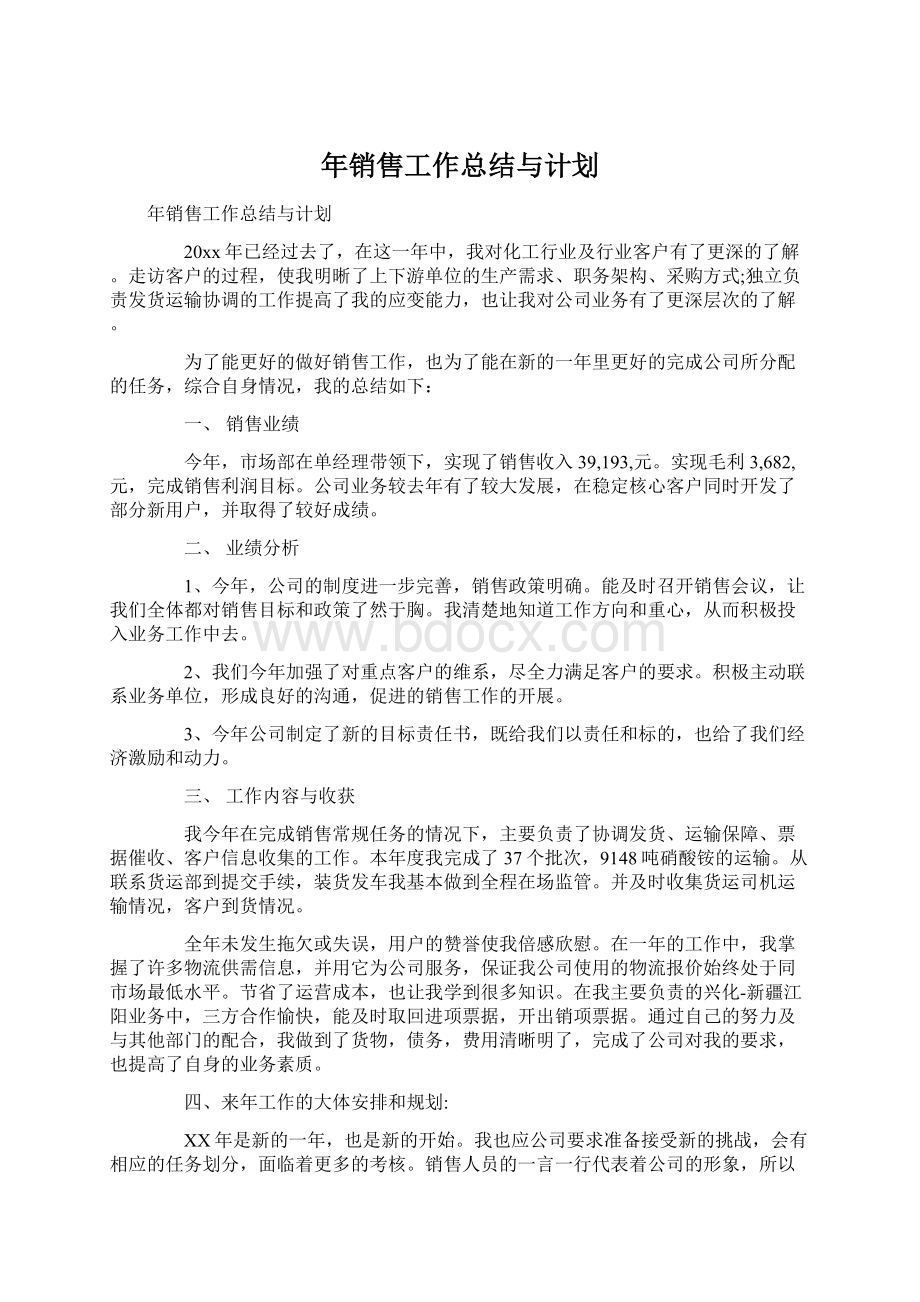 年销售工作总结与计划文档格式.docx