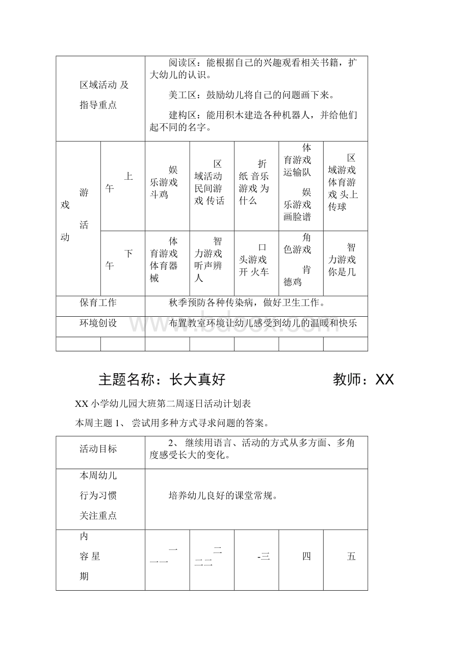 幼儿园大班第一周逐日活动计划表Word文档格式.docx_第2页