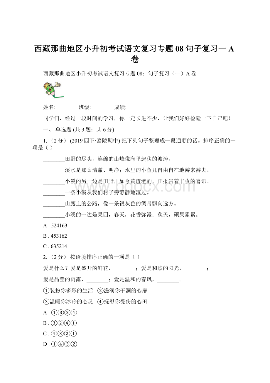 西藏那曲地区小升初考试语文复习专题08句子复习一A卷.docx