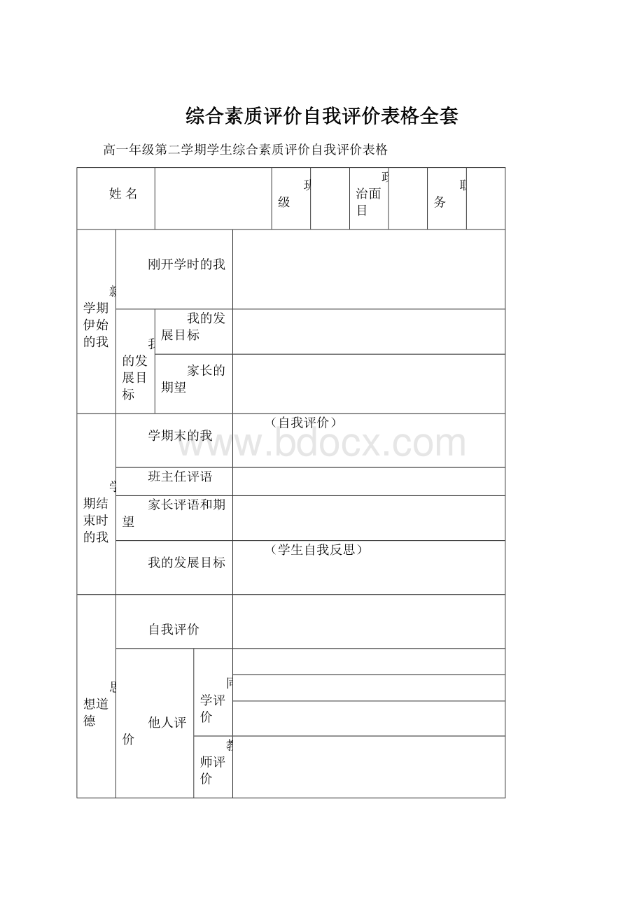 综合素质评价自我评价表格全套文档格式.docx