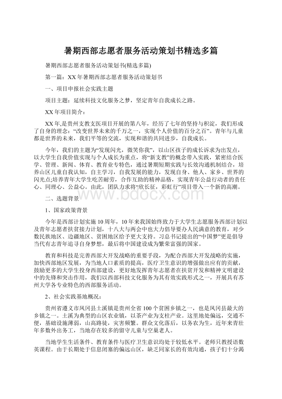 暑期西部志愿者服务活动策划书精选多篇.docx