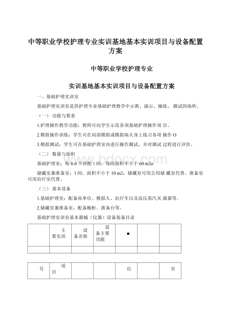 中等职业学校护理专业实训基地基本实训项目与设备配置方案.docx