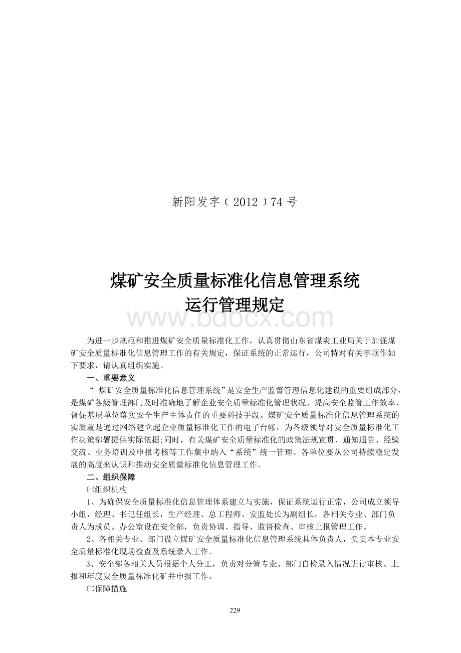 新阳发字[2012]74号煤矿安全质量标准化信息管理系统运行管理规定Word下载.doc