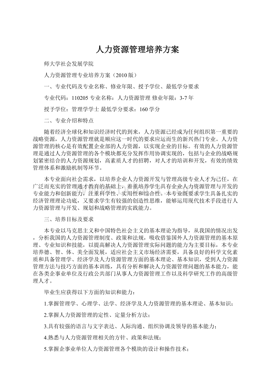 人力资源管理培养方案Word文档下载推荐.docx