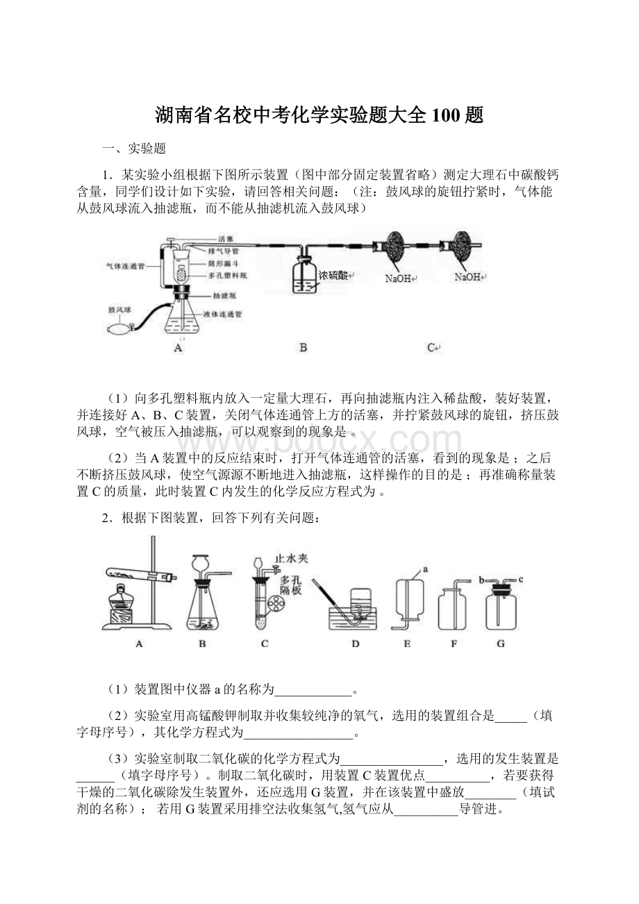 湖南省名校中考化学实验题大全100题.docx