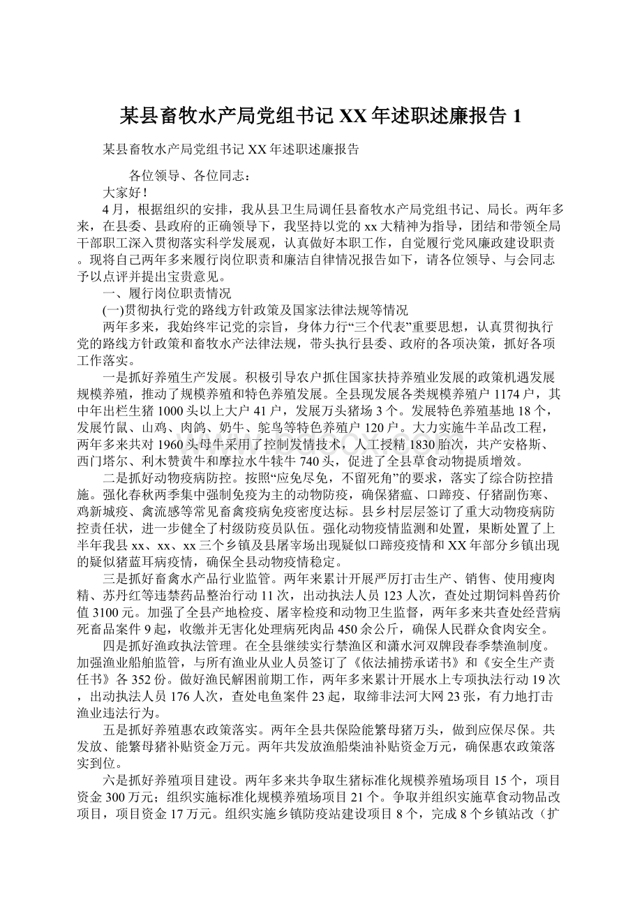 某县畜牧水产局党组书记XX年述职述廉报告1Word文档格式.docx_第1页