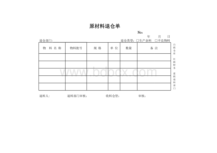 原材料退仓单表格文件下载.xls_第1页