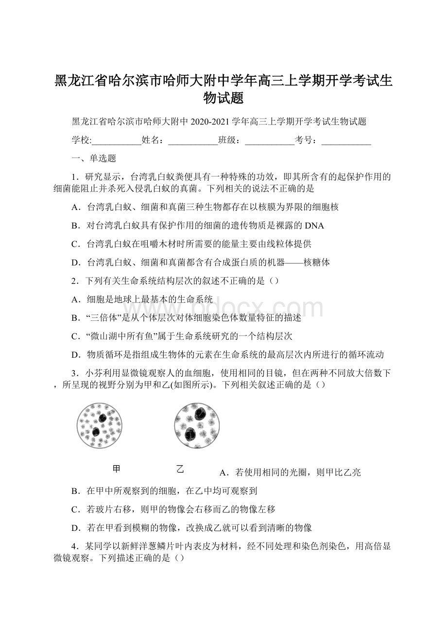 黑龙江省哈尔滨市哈师大附中学年高三上学期开学考试生物试题.docx