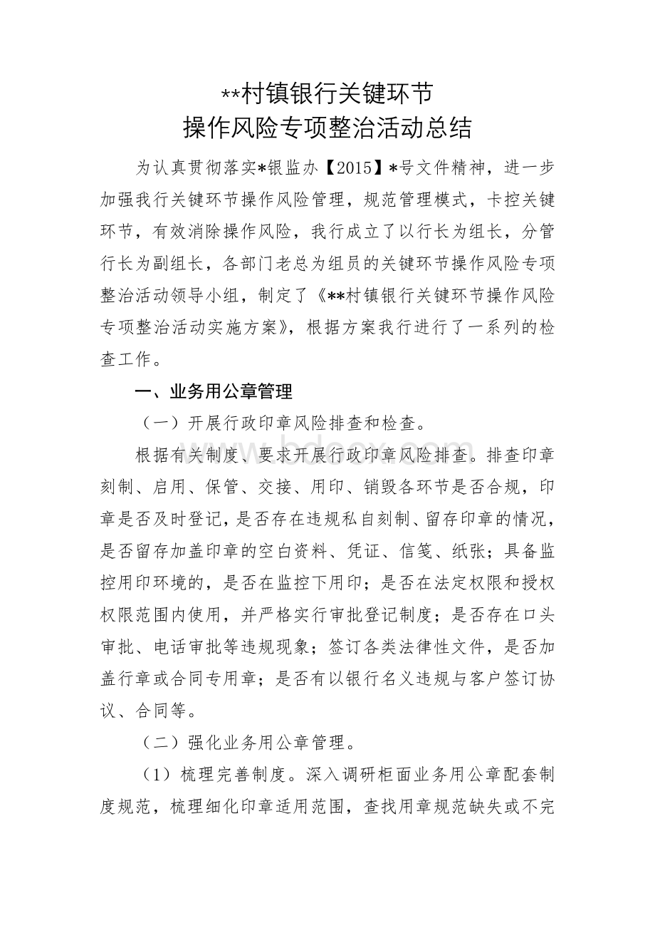 村镇银行关键环节操作风险专项治理活动报告Word文件下载.doc_第1页