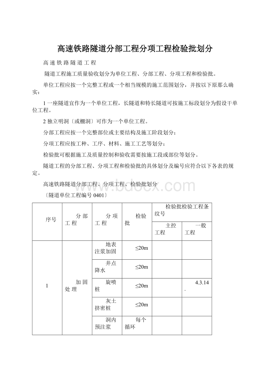 高速铁路隧道分部工程分项工程检验批划分Word文档下载推荐.docx_第1页