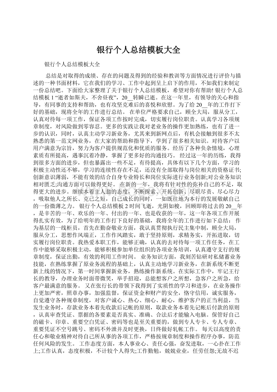 银行个人总结模板大全文档格式.docx