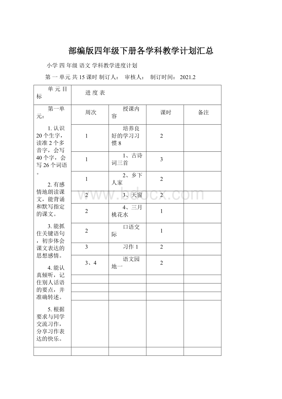 部编版四年级下册各学科教学计划汇总.docx_第1页