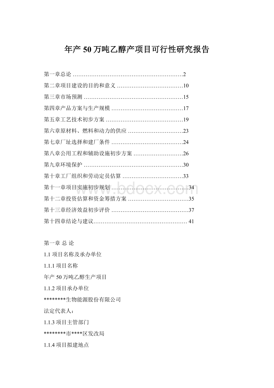 年产50万吨乙醇产项目可行性研究报告文档格式.docx