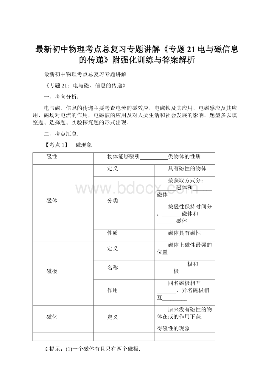 最新初中物理考点总复习专题讲解《专题21电与磁信息的传递》附强化训练与答案解析Word文档下载推荐.docx_第1页