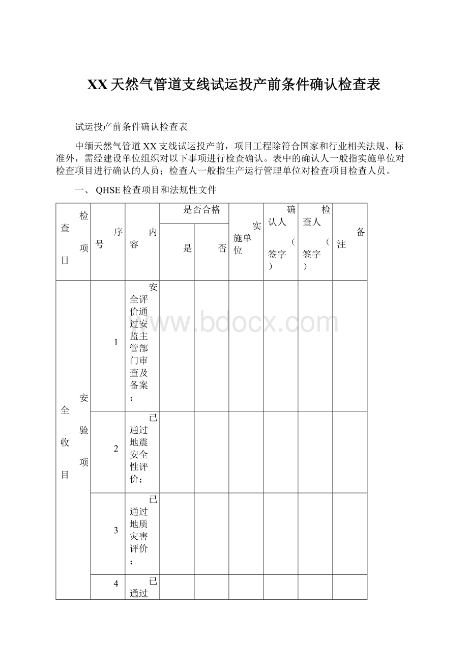 XX天然气管道支线试运投产前条件确认检查表Word格式.docx