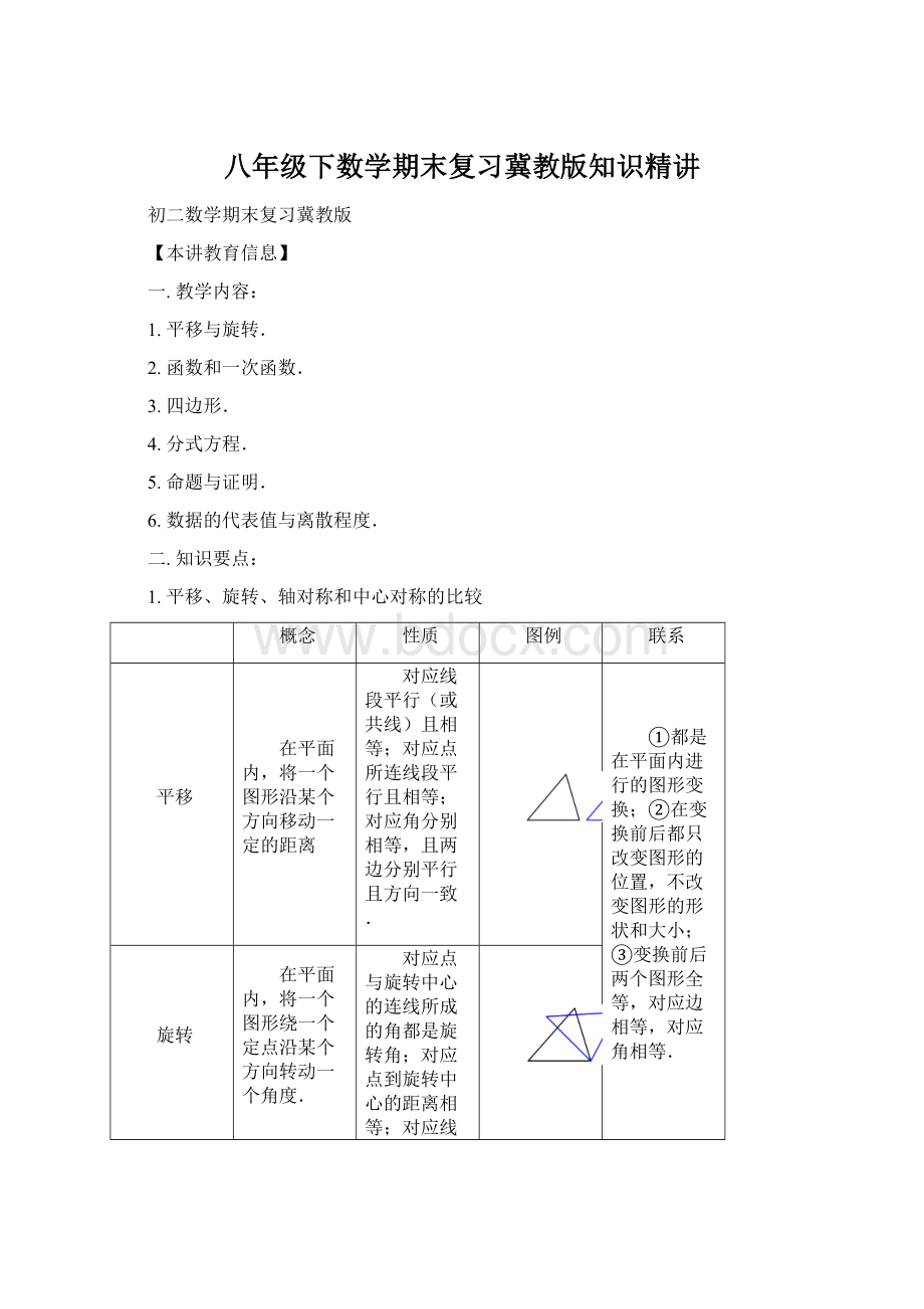 八年级下数学期末复习冀教版知识精讲.docx