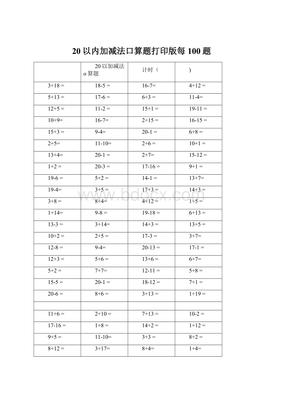 20以内加减法口算题打印版每100题文档格式.docx_第1页