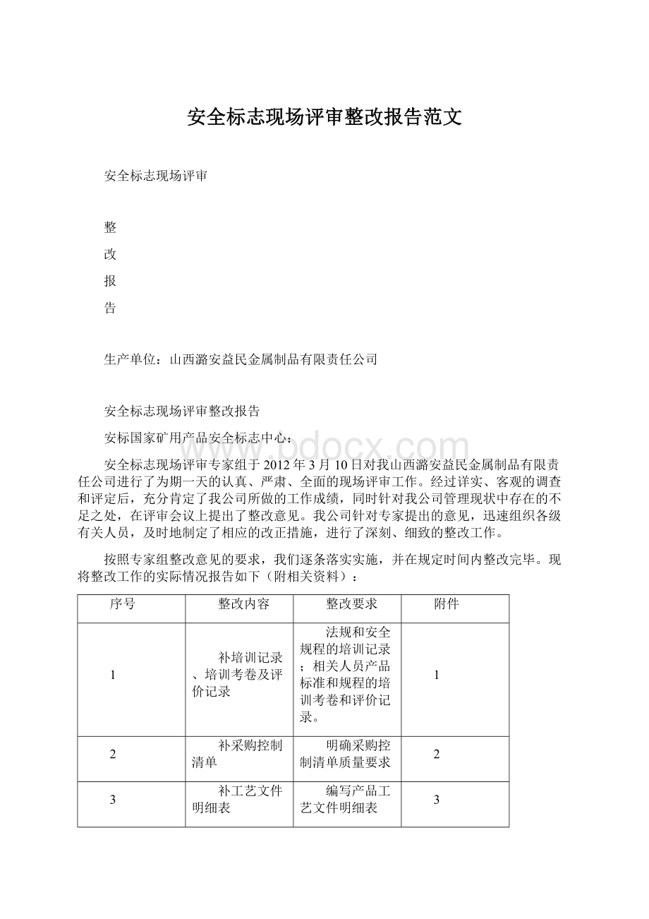 安全标志现场评审整改报告范文Word文档格式.docx_第1页