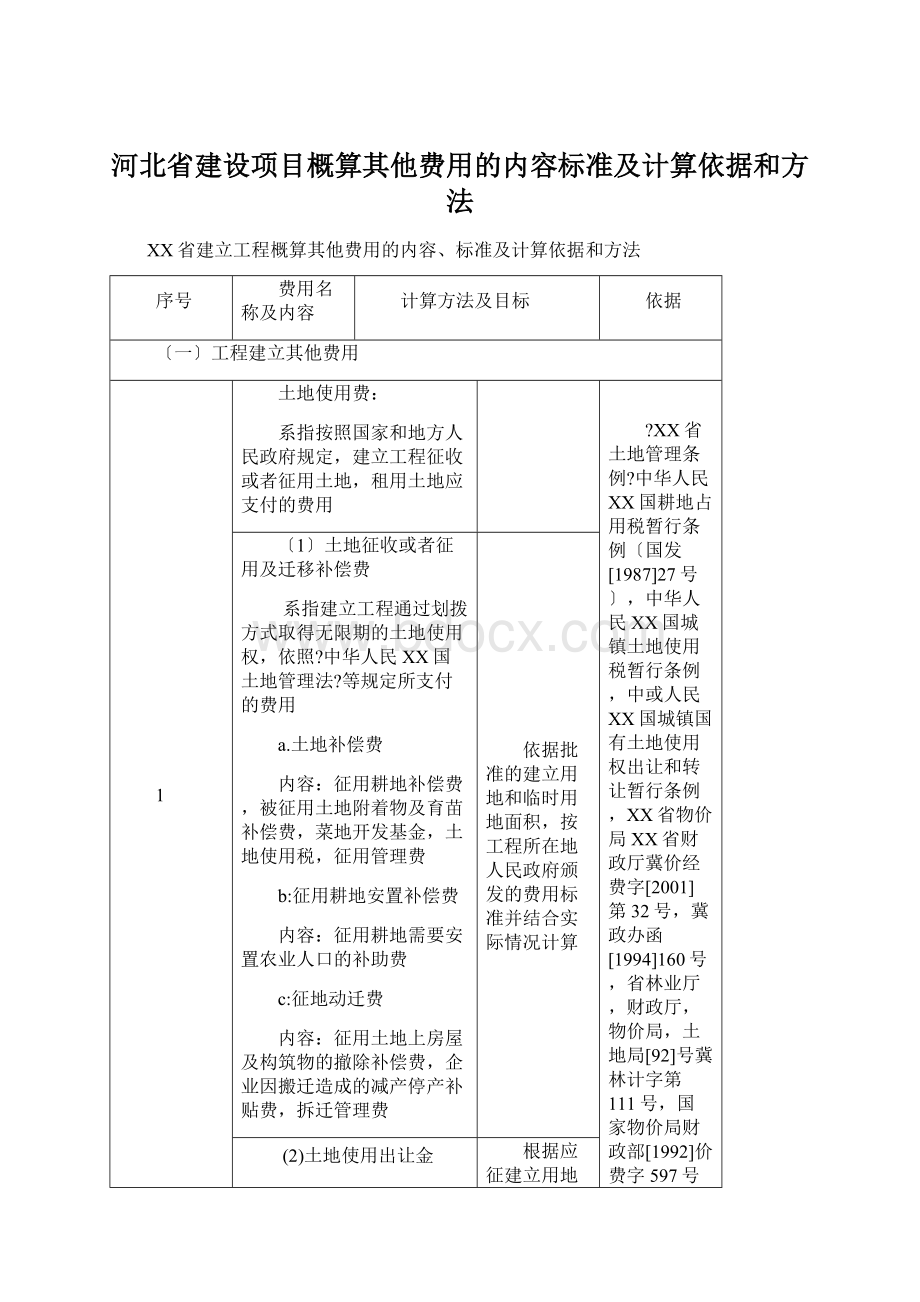 河北省建设项目概算其他费用的内容标准及计算依据和方法Word下载.docx_第1页