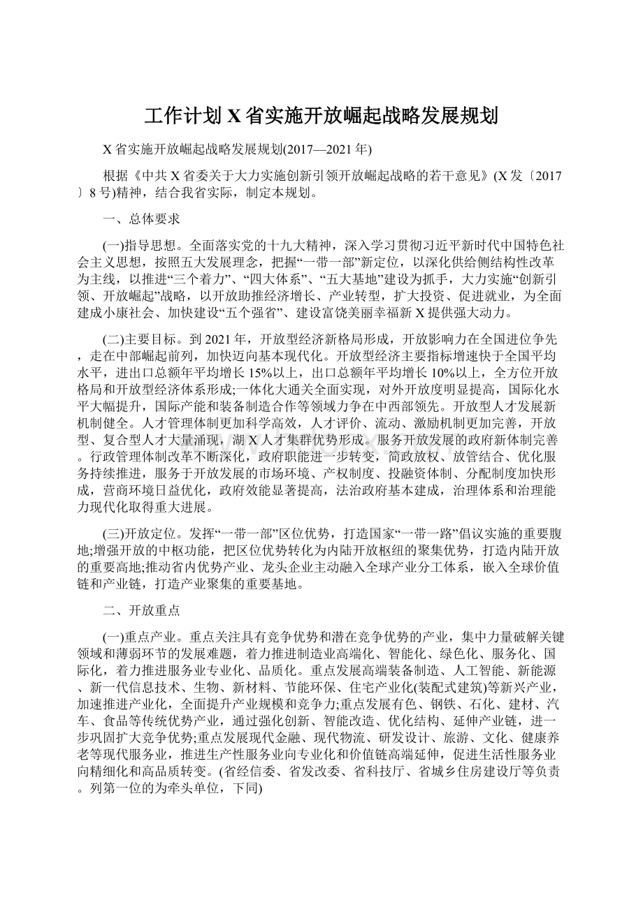 工作计划X省实施开放崛起战略发展规划.docx