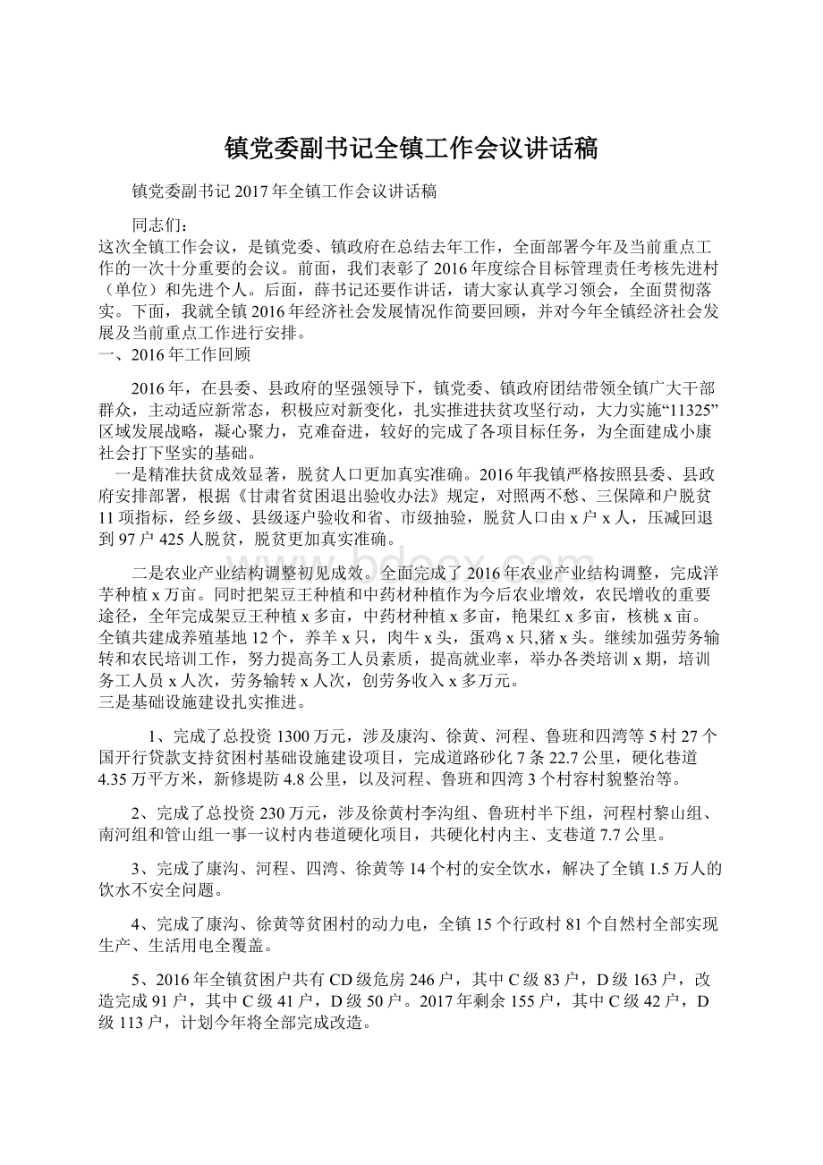 镇党委副书记全镇工作会议讲话稿Word文档格式.docx