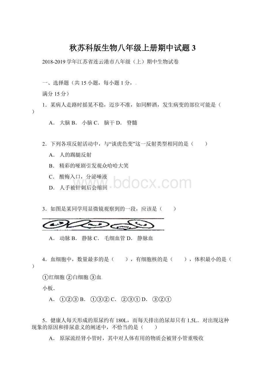 秋苏科版生物八年级上册期中试题3Word文档下载推荐.docx_第1页