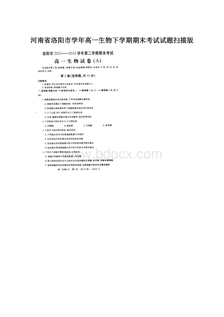 河南省洛阳市学年高一生物下学期期末考试试题扫描版文档格式.docx
