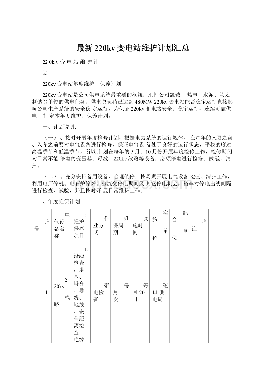 最新220kv变电站维护计划汇总.docx_第1页