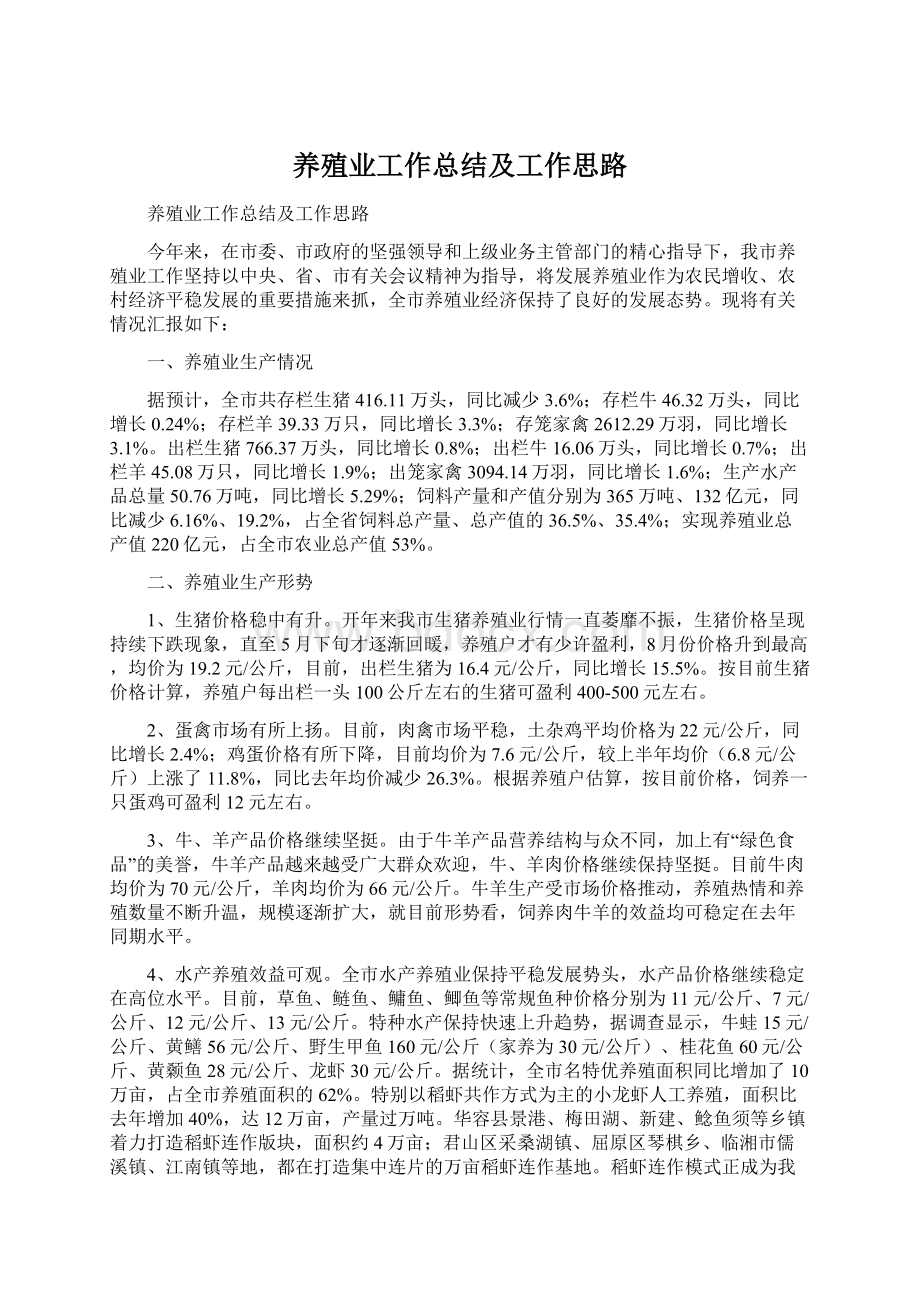 养殖业工作总结及工作思路Word文档格式.docx