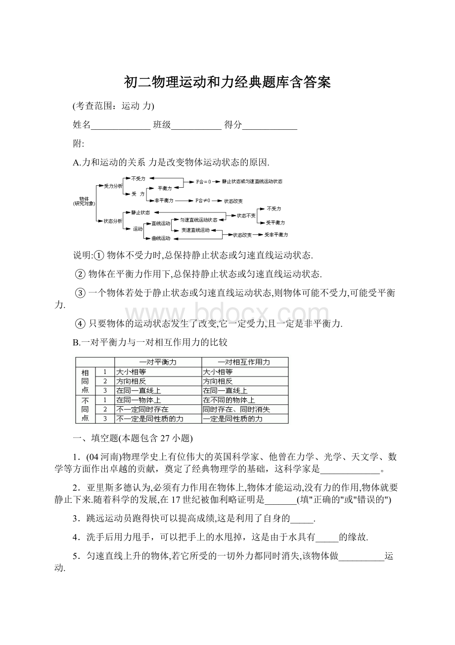 初二物理运动和力经典题库含答案Word格式.docx_第1页