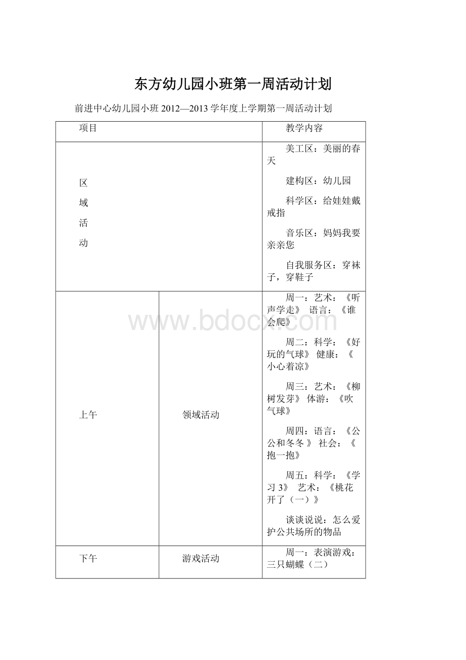 东方幼儿园小班第一周活动计划Word格式文档下载.docx