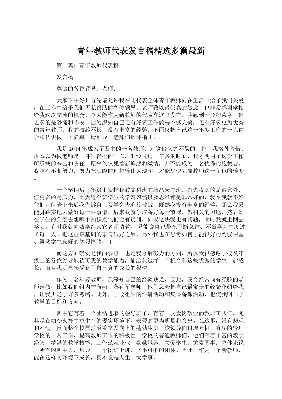 青年教师代表发言稿精选多篇最新文档格式.docx_第1页